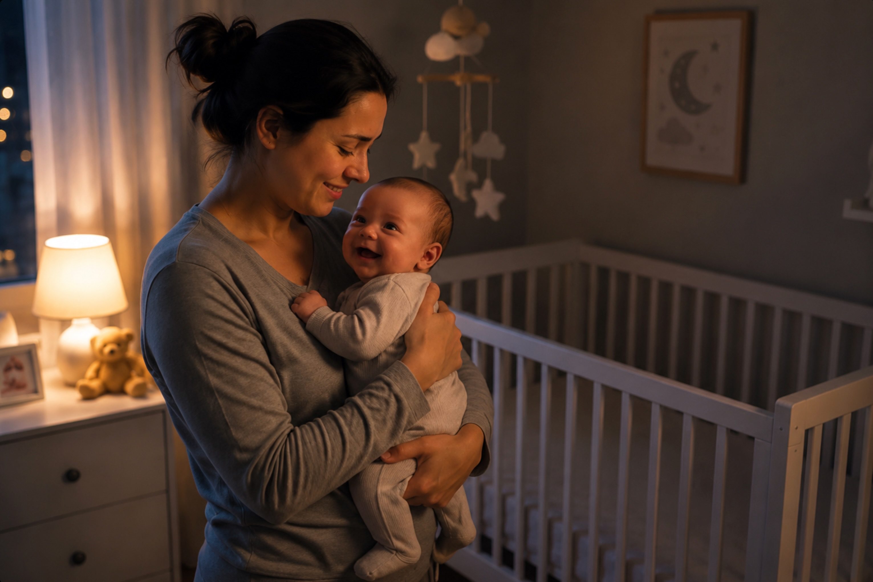 Mother holding a smiling baby in a calm nighttime nursery before bedtime, promoting healthy baby sleep routines.
