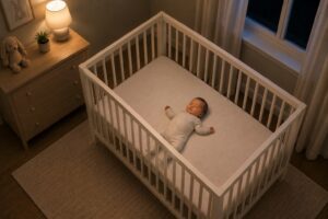 Baby sleeping safely on their back in an empty crib at bedtime