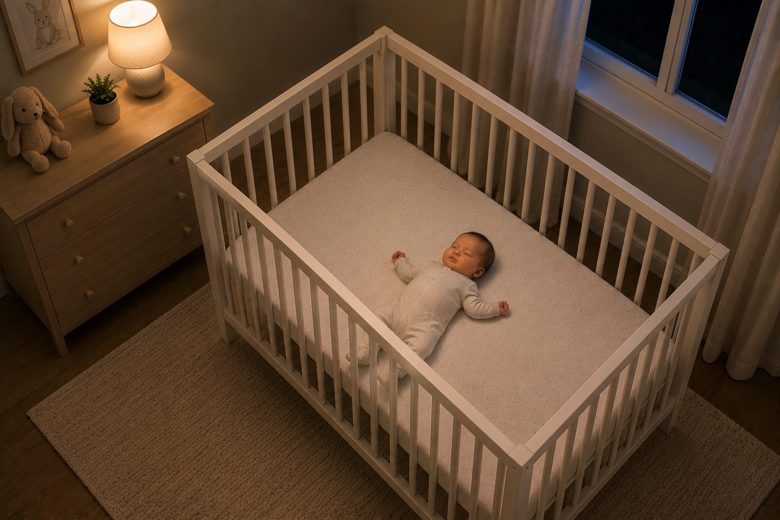 Baby sleeping safely on their back in an empty crib at bedtime